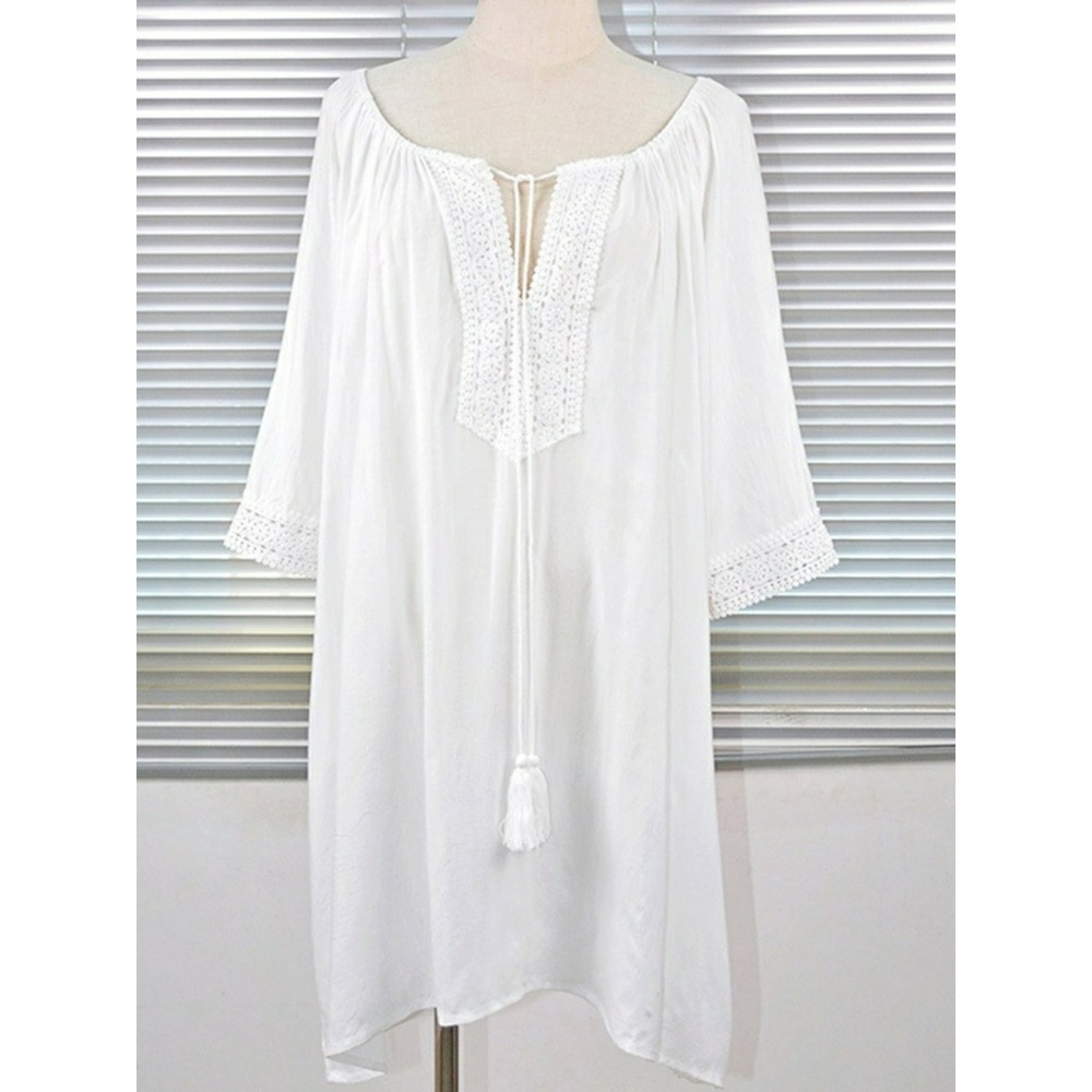Boho White Tassel Fringe Tunic Beach Coverup - Picture 2 of 5